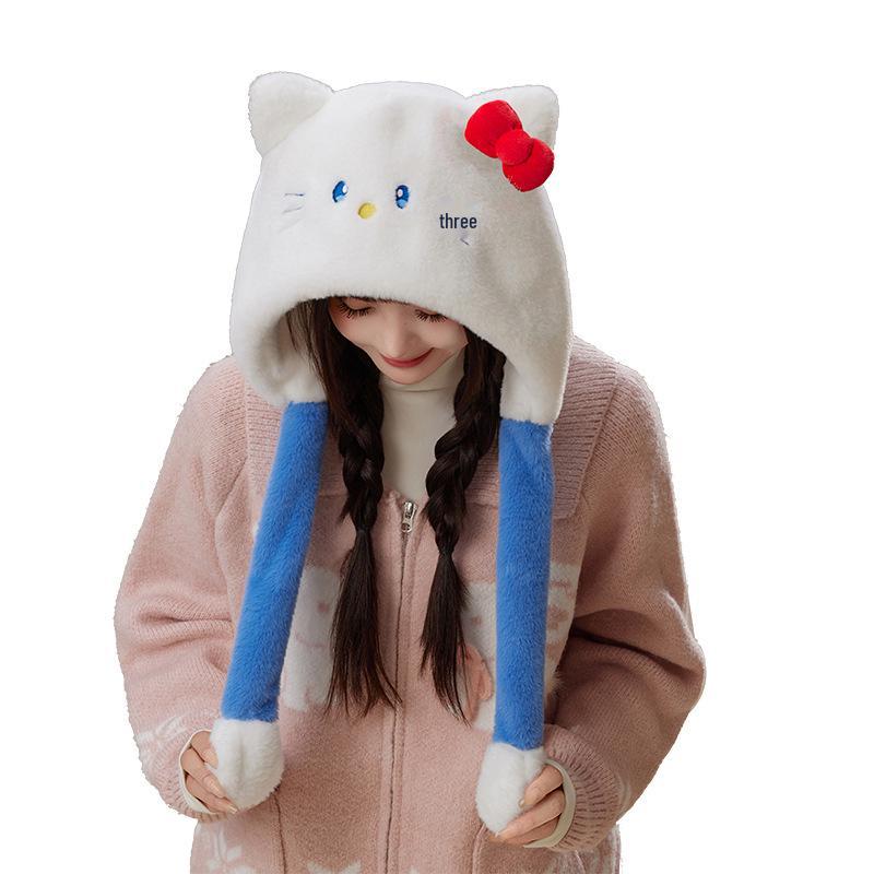 Women's Warm Fleece Cartoon Cat Hat with Moving Ears & Ear Muffs for Autumn/Winter