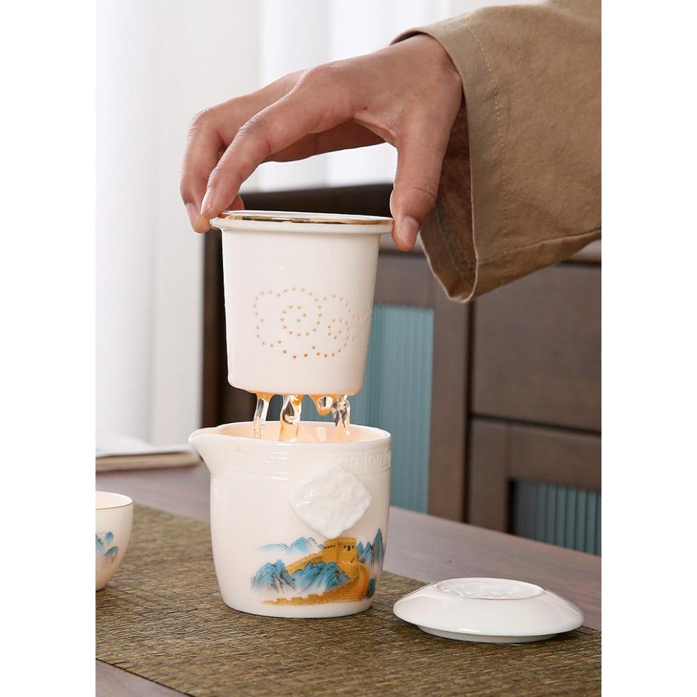 Skopový tuk Jade Bílý porcelán Cestovní čajová souprava Kung Fu Hrnec se čtyřmi šálky Sada přenosných sáčků Venkovní keramický čaj Rychlý šálek