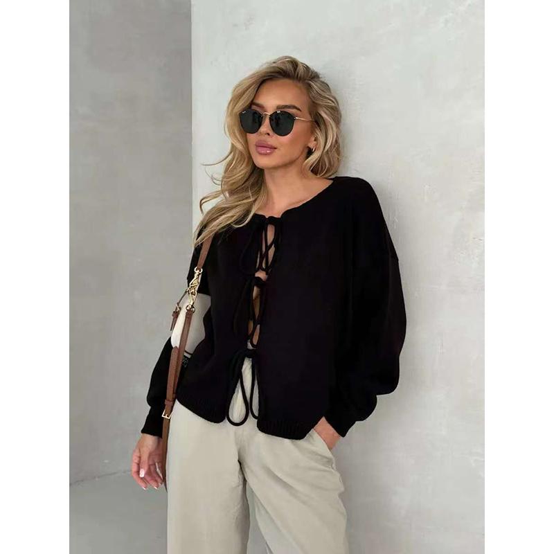 Women Solid Knit Sweater Cardigan Full Sleeve Lace Up Thick Jumper Casual Elegant Coat Sweaters Regular Autumn