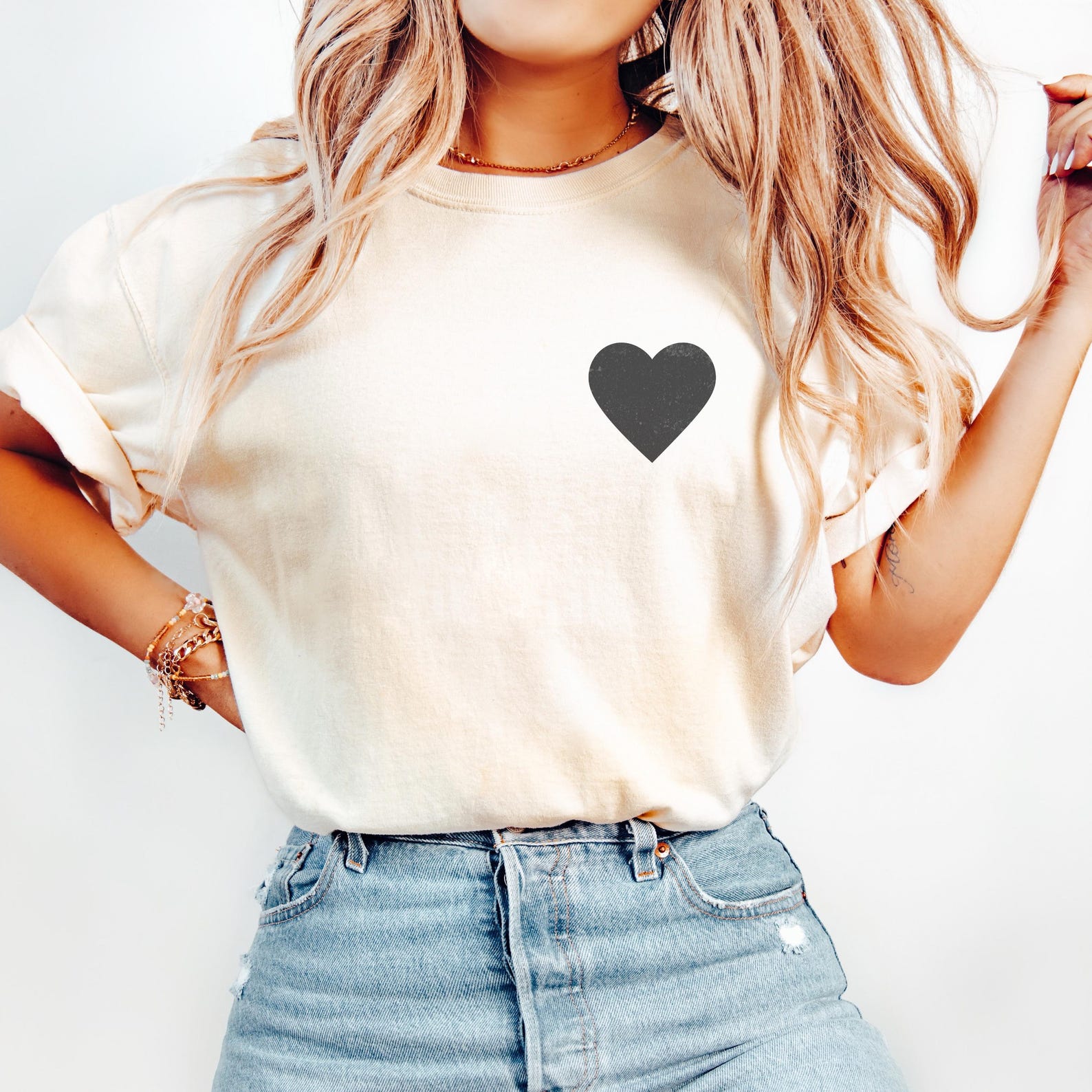 Vintage Heart T-Shirt: Distressed Black Heart, Comfort Colors Tee L