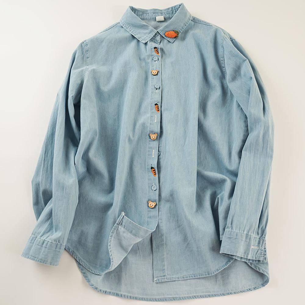 Camicia a maniche lunghe in denim lavato ricamato, cardigan monopetto in denim per donna, primavera e autunno