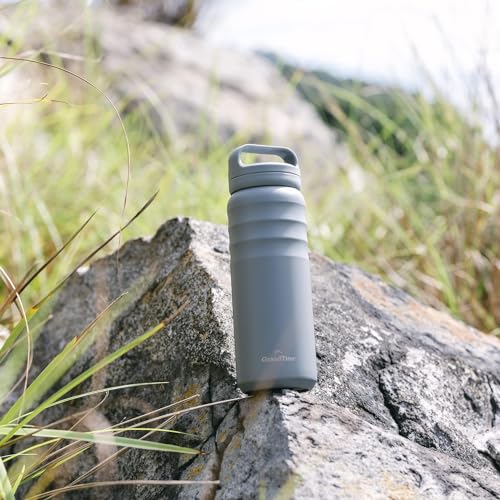 GRANDTIES Premium Vacuum Insulated Water Bottle, Stainless Steel Wide Mouth, 709ml - Includes Two Lids & Easy-to-Clean Large Opening (Stone Gray)