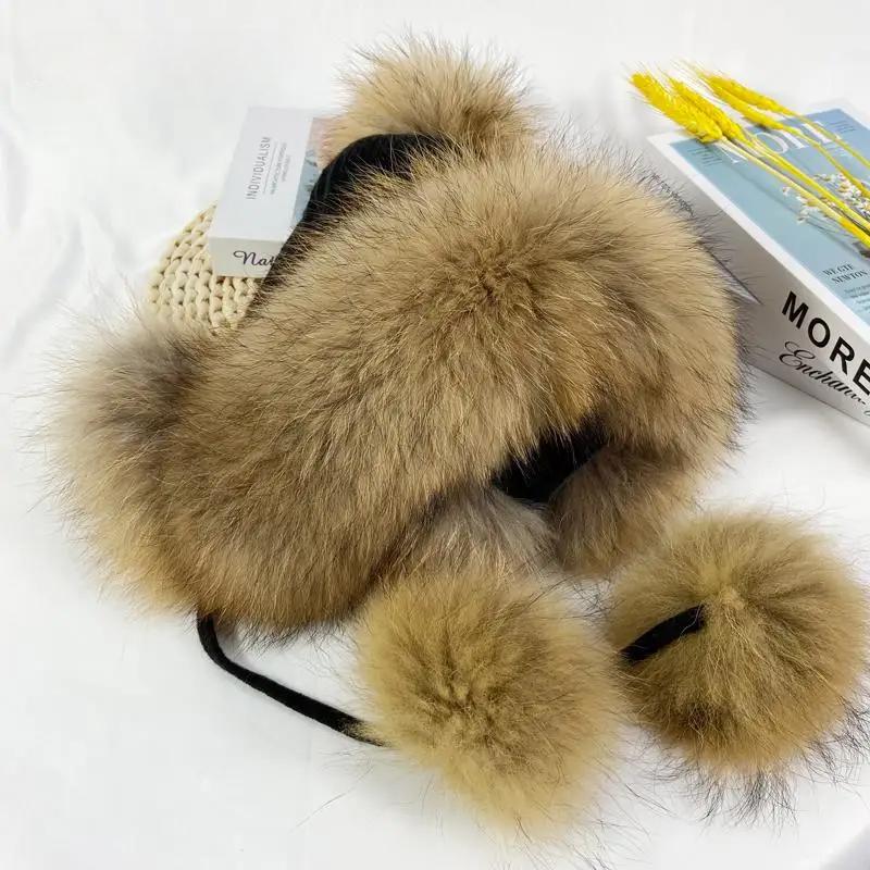 Winter Hats Women Natural Fox Fur Fuffy Warm Fashion Stylish Knitted Pompom Girls Fur Hat