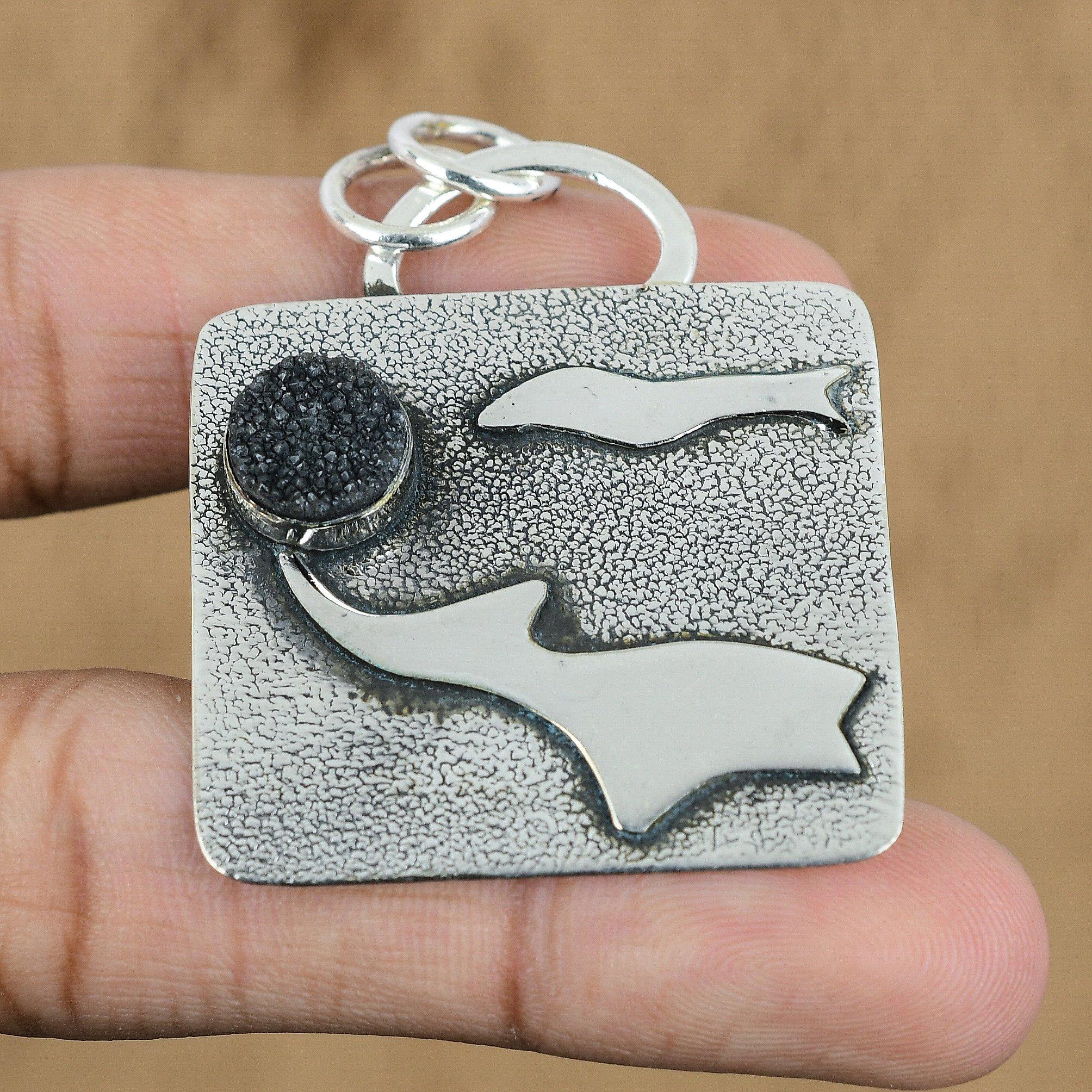 

Natural Black Tektite Druzy Gemstone Pendant 925 Sterling Silver For Women