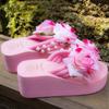 Pink Women's Floral Platform Flip Flops Rose Pearl Embellished Wedge Sandals Thick Sole Summer Slides Beach Fashion Slippers