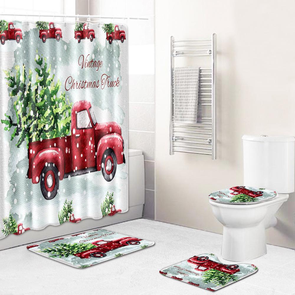 Christmas Shower Curtain Floor Mat Combination Four-Piece Set Bathroom Toilet Carpet Shower Room Mat Foot Mat