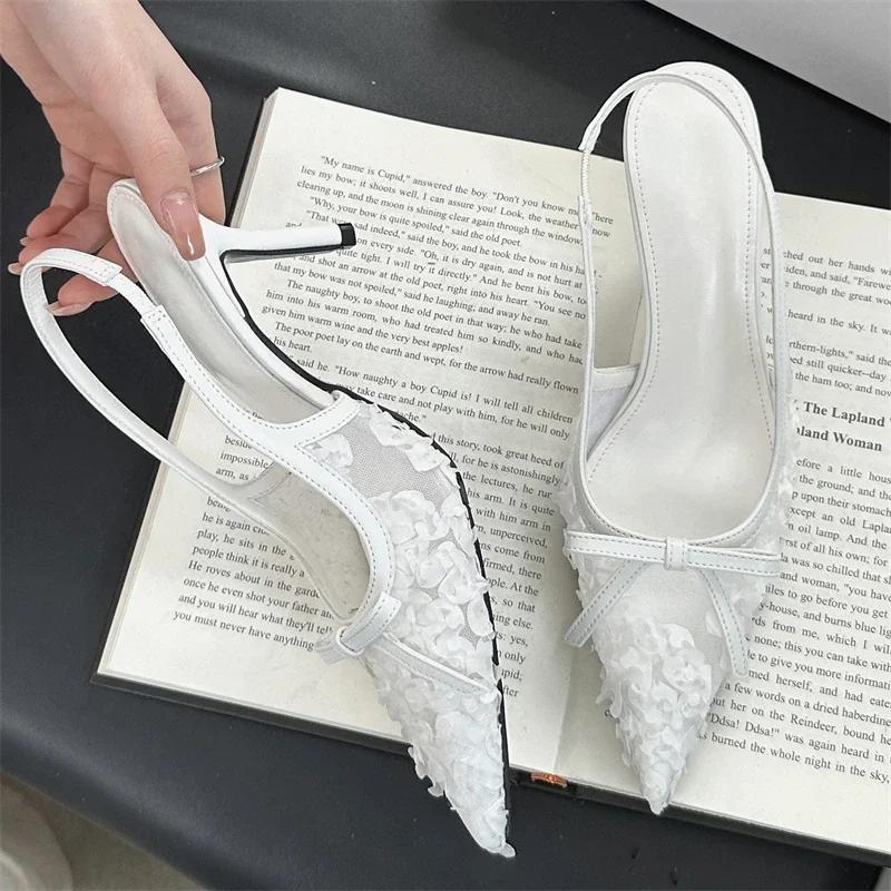 Fashion New Embroidery Flower Bow Design High Heels Women Sexy Pointy Toe Slingbacks Heeled Sandals Summer Elegant Party Dress Shoes