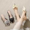 Fashion Elegant Pleated Fabric Bow Slippers Women Med-High Heels Shoes Ladies Summer Pointed Toe Mules Slip On Flippers Femme Pantuflas