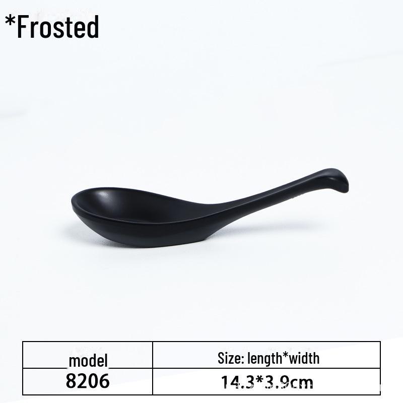 A5 Black Matte Melamine Long Handle Soup Spoon - Food Grade Porcelain Imitation for Restaurants, Hotels, and Hot Pots.