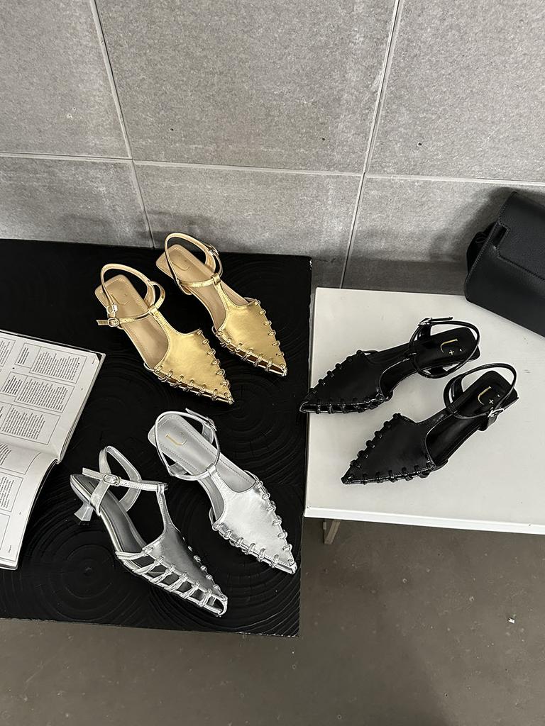 fashion Pointed Toe Women Sandals Black Silver Gold Summer Dress Shoes Thin Mid Heels Ankle Strap Party Pumps Casual Sexy Hollow Sandals