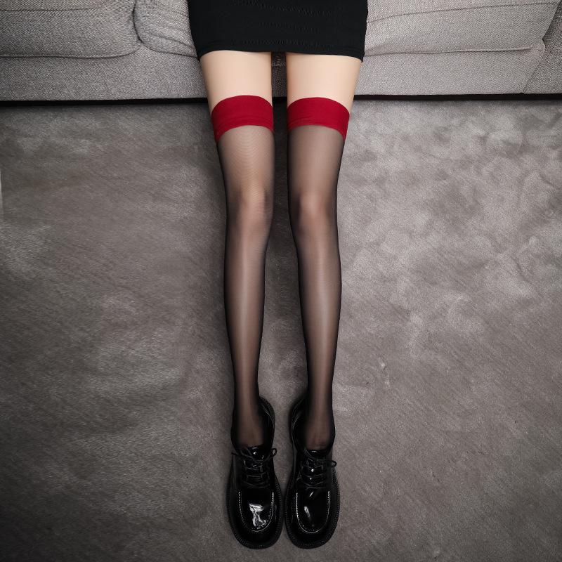 Red Edge Anti-Snag Black Stockings for Women - Durable Silicone Anti-Slip Thigh-High Over-Knee Fashion Socks