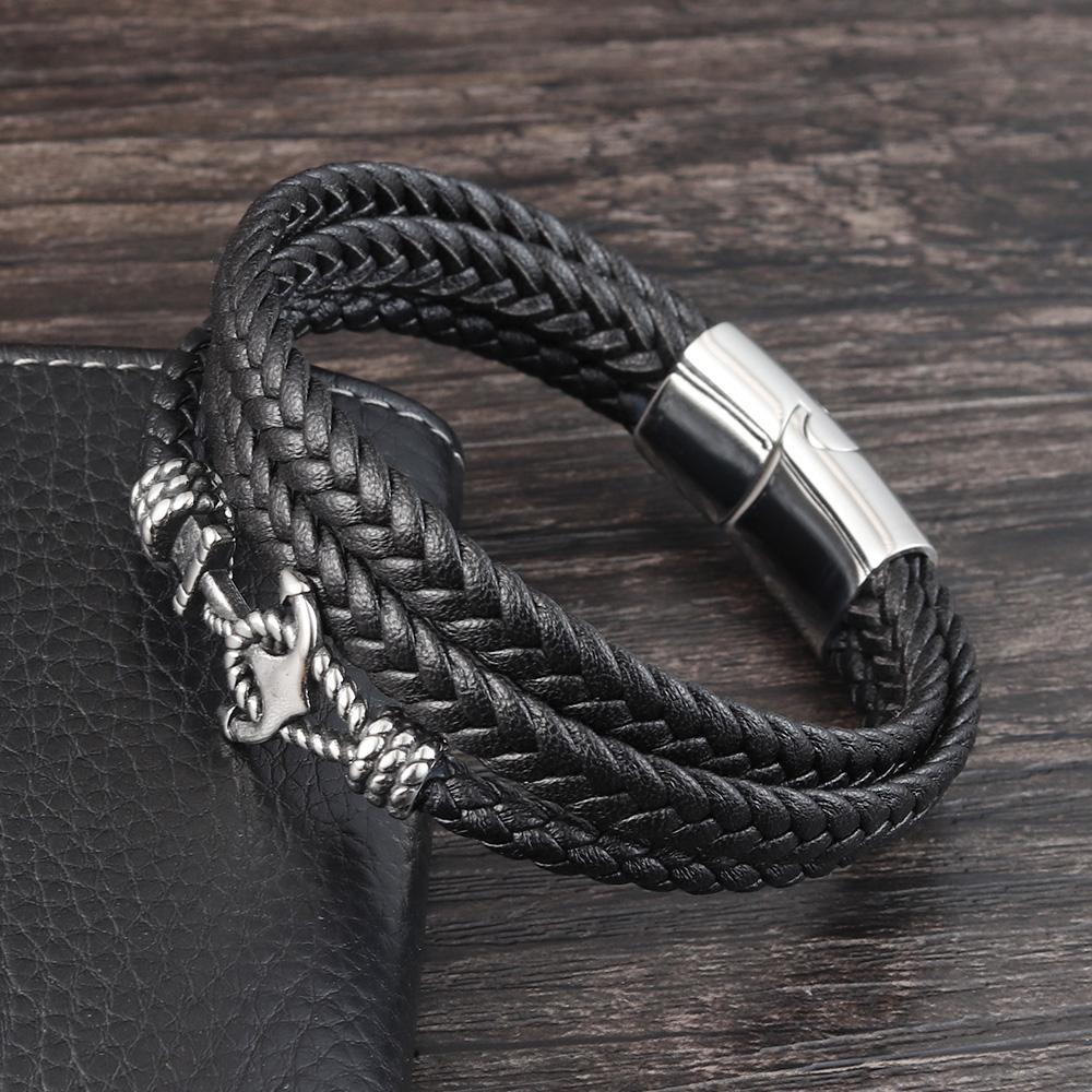 2019Fashion Stainless Steel Anchor Bracelet Men Black Braided Cowhide Leather Rope Bracelets Wrap Punk Charm Jewelry