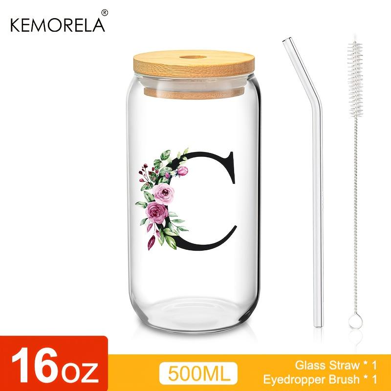 1 STÜCK 24 Buchstaben Glas Trinkbecher mit Bambusdeckel Strohhalm Individuelle Eiskaffeetasse 470ML Klares Mason Jar Bier Smoothie Cocktail