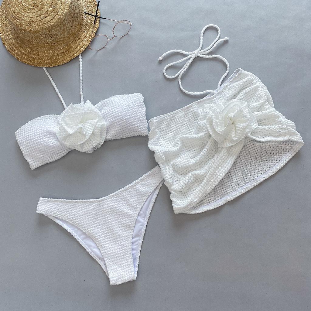 Dreiteiliger Bikini 3D-Blumen-Split-Damenbadeanzug