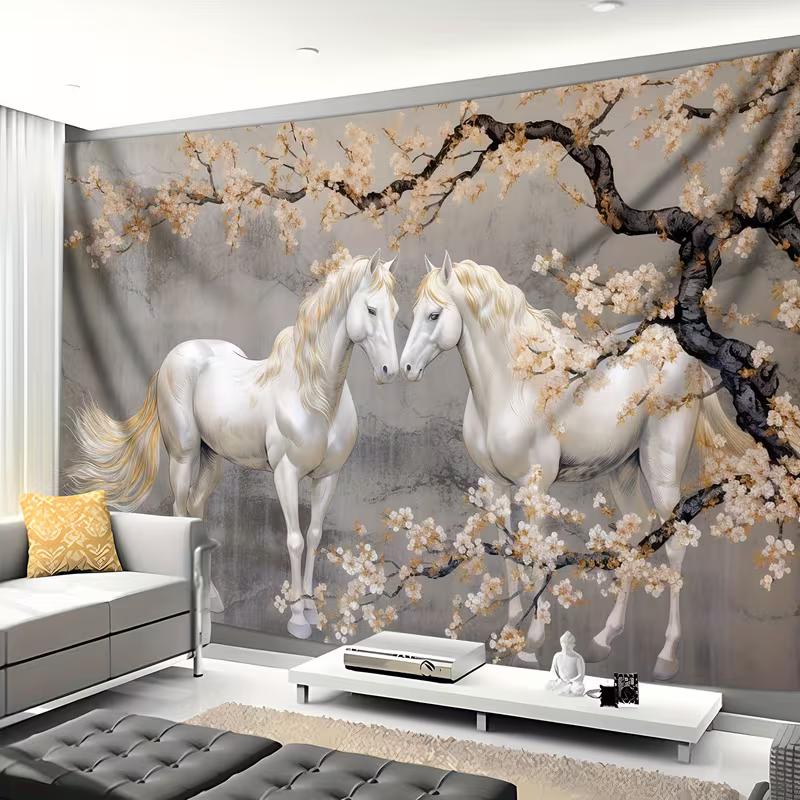2D Sakura and White Horses Tapestry Romantic Floral and Animal Background Cloth