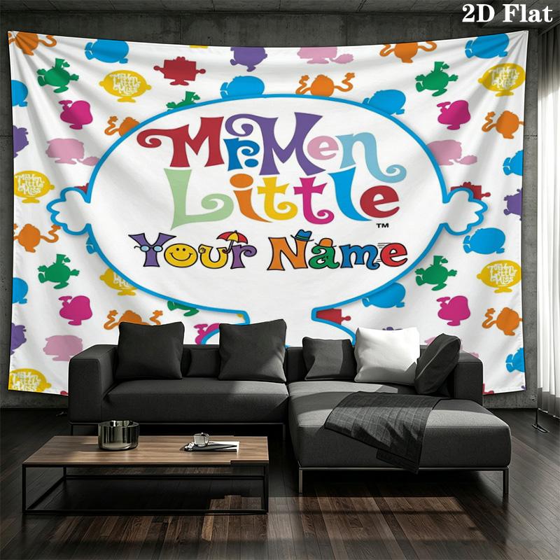 Mr Men Adventure Custom Name Wall Tapestry Aesthetic Wall Hanging Printed Fabric Blanket Decorative Tapestries For Bedroom Living Room Home Decor