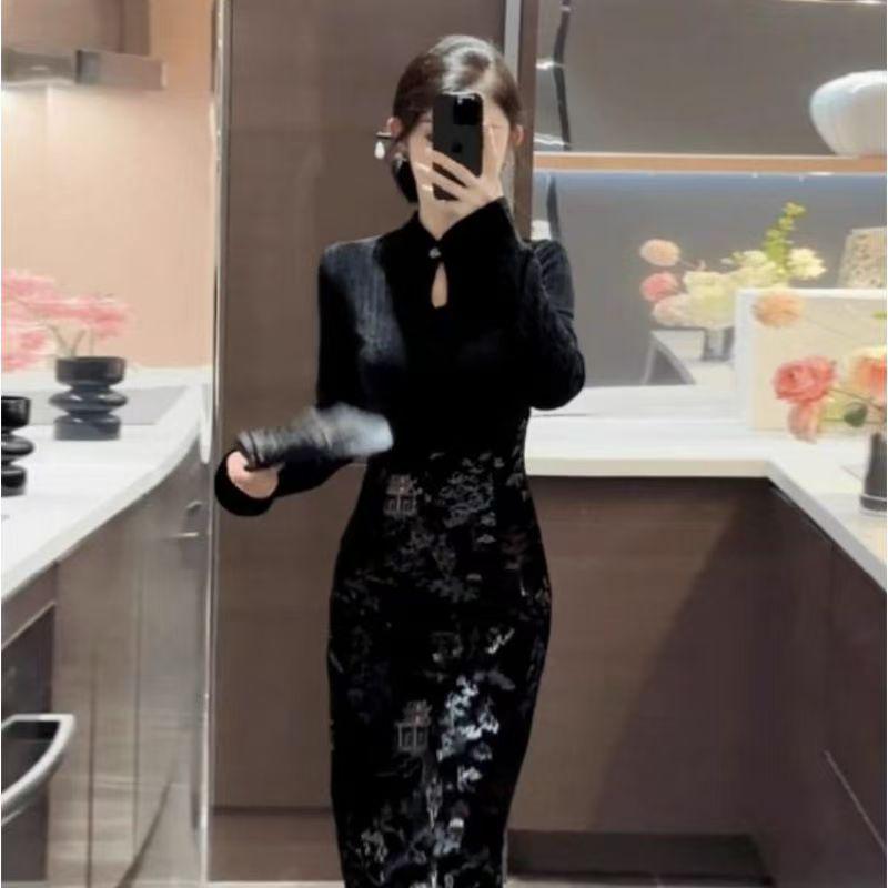Modernes Schwarzes Samt-Cheongsam-Kleid für Damen - Herbst/Winter High-End-Mode