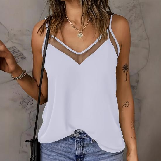 Women Tops Sling Spaghetti Straps V-Neck Mesh Splicing Loose Drape Cut Vest Soft Fabric Summer Casual Tank Tops