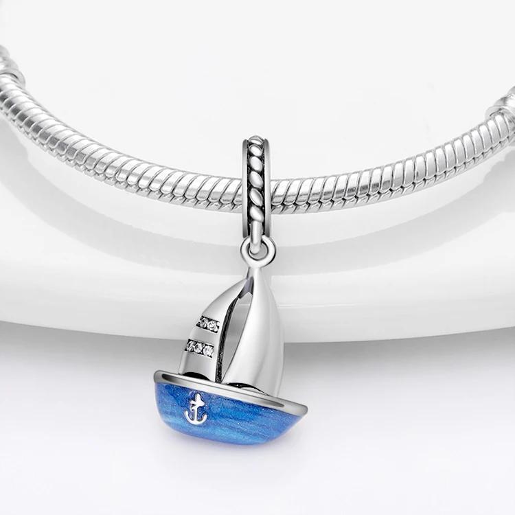 Charm Bead Charms Authentic copper Plated Blue Ship Pendant Bead Charms Compatible With Bracelets Diy Fine Gift Women Delicate Jewellery Accessory