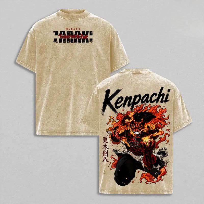 Vintage Washed T‑shirt Bleach Kenpachi Zaraki Bankai Front Back Print Unisex Anime Oversized Short Sleeve Tee