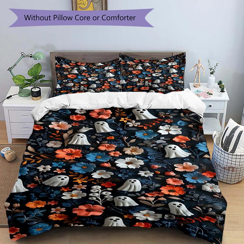 

3pcs Ghosts & Flowers Bedding Set - Includes 1 Quilt Cover and 2 Pillowcases, Comfortable Bedding with Stylish Design for Bedroom,N042 135x200cm