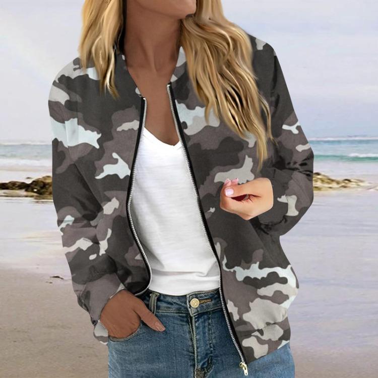 Women's Casual Long Sleeve Quilted Camouflage Print Zipper Jacket With Pockets