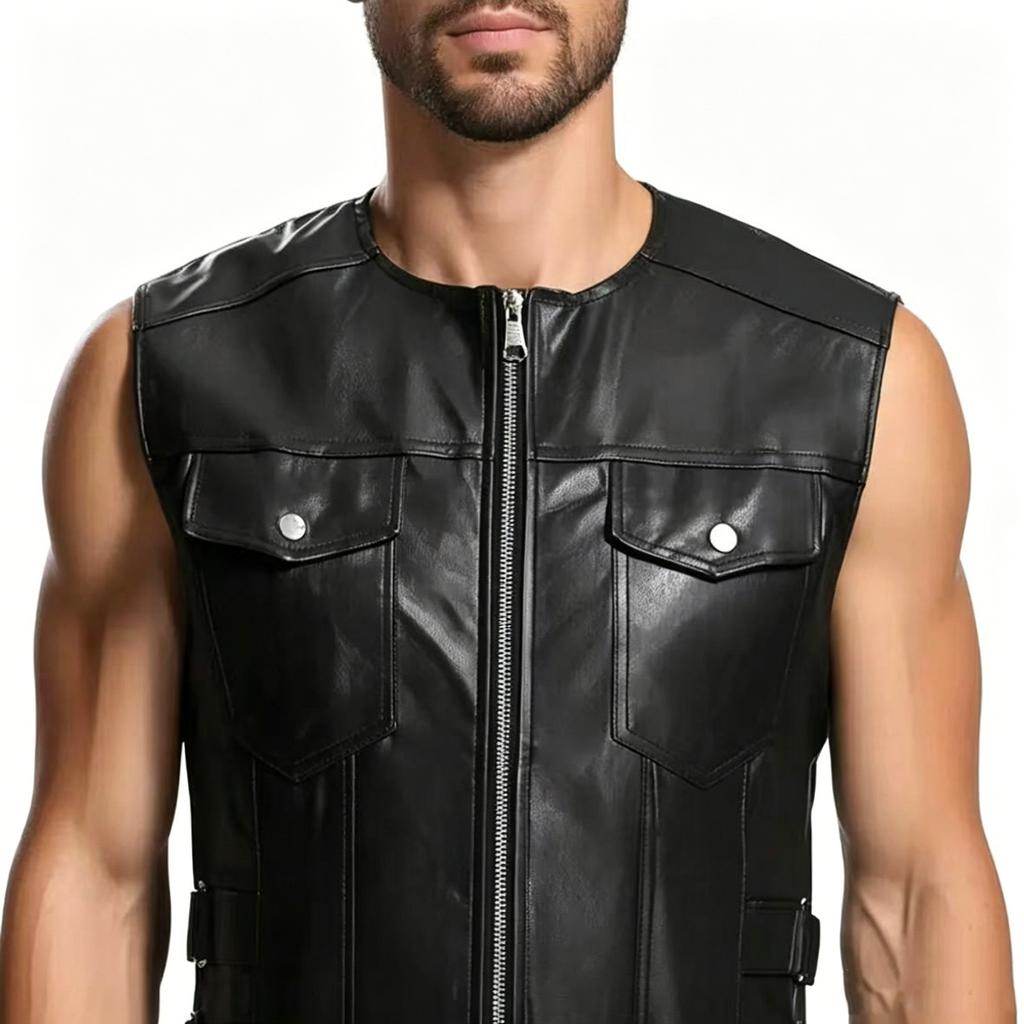 Men's PU Leather Vest European and American Motorcycle Cycling Vest Jacket Pocket Trim Side Belt Vest
