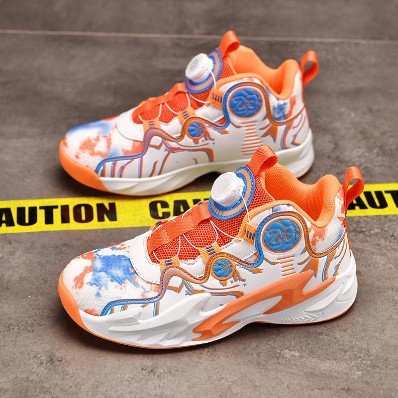 Net Shoes Spring and Autumn Actual Combat Boys Basketball Shoes Rotating Button Training Sneakers Running Shoes 6-12 Years Old