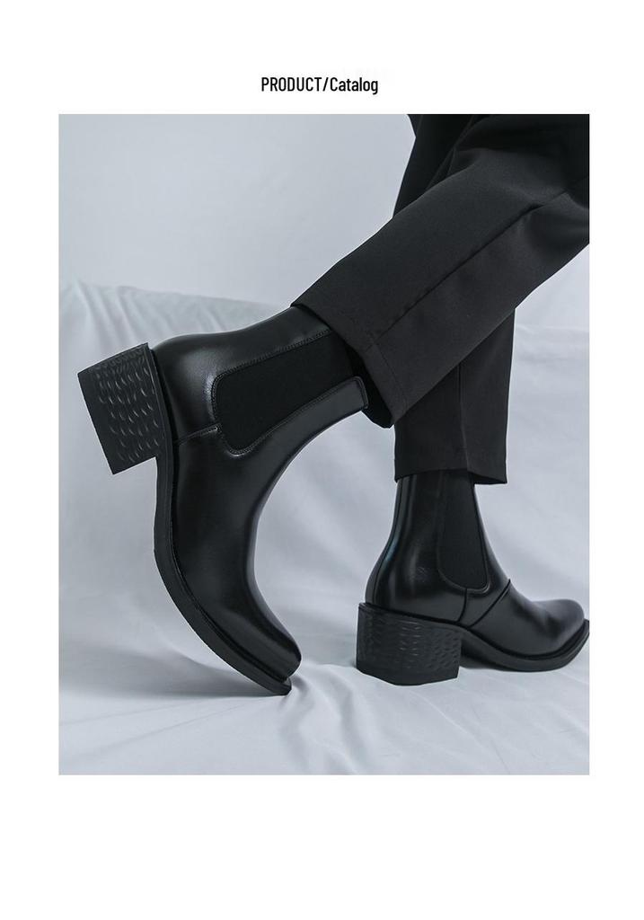 Men's Large Size Pointed Toe Leather Chelsea Boots with Thick Soles and High Heels - British Style Height Increasing Short Boots.