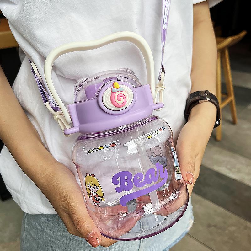 Water bottle summer cute student double drink straw plastic cup large capacity fashion big belly water cup children