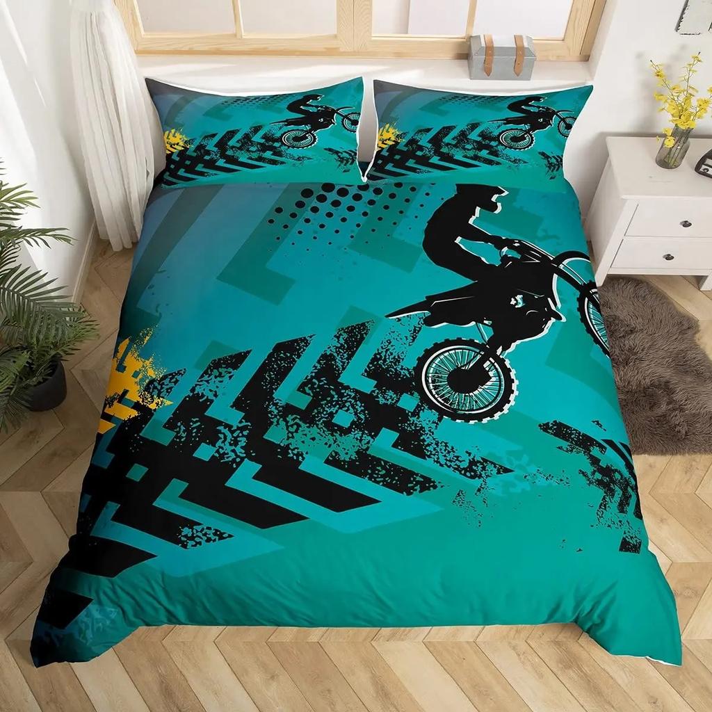 Dirt Bike Duvet Cover Twin Motocross Rider Comforter Cover Extreme Sports Bedding Set Cool Motorbike Bedding Set For Boys Adults