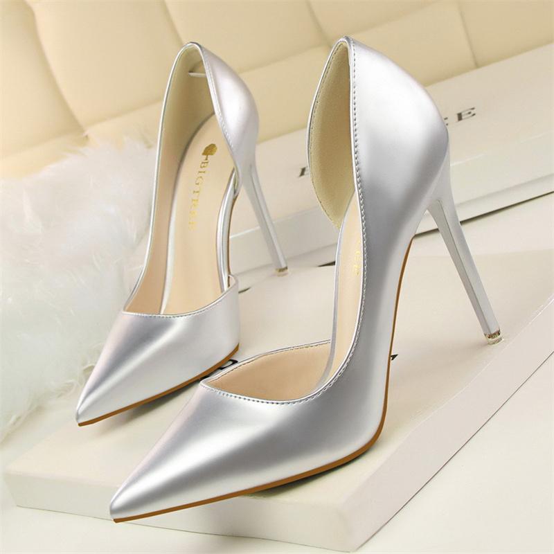 

Fashion Candy Color Patent Leather Shallow Mouth Pointed Toe Side Empty Thin High Heel Shoes Woman Party Office Wedding Shoes 35