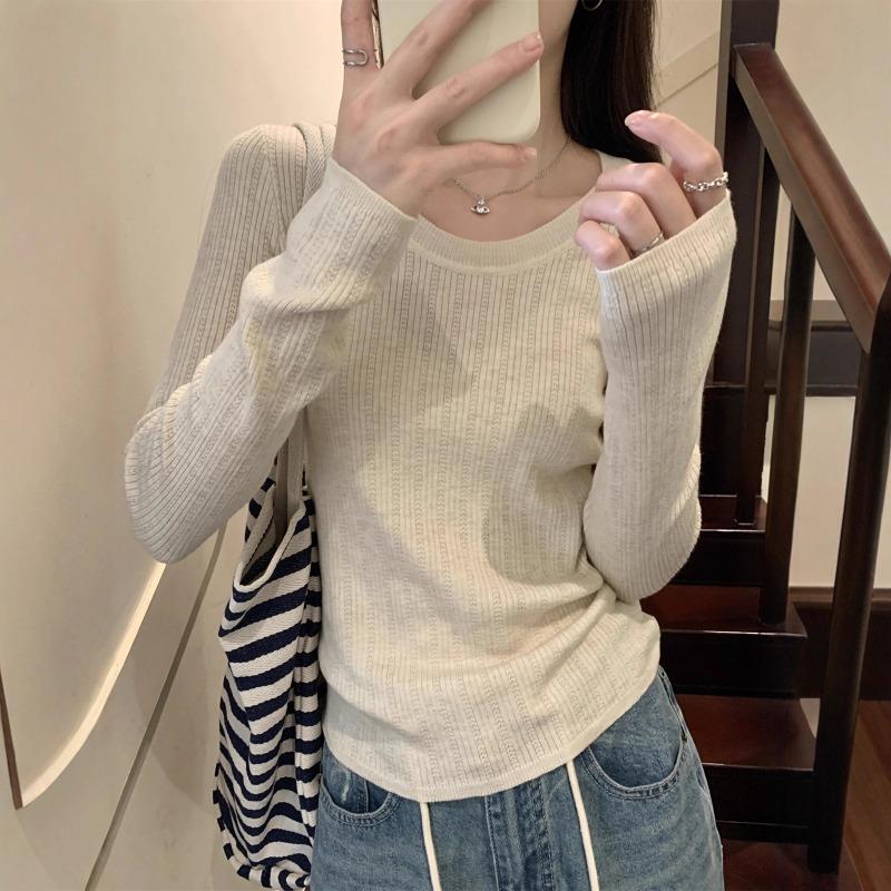 Slim temperament design sense pattern round neck long-sleeved sweater with women's autumn new pure desire top as a base