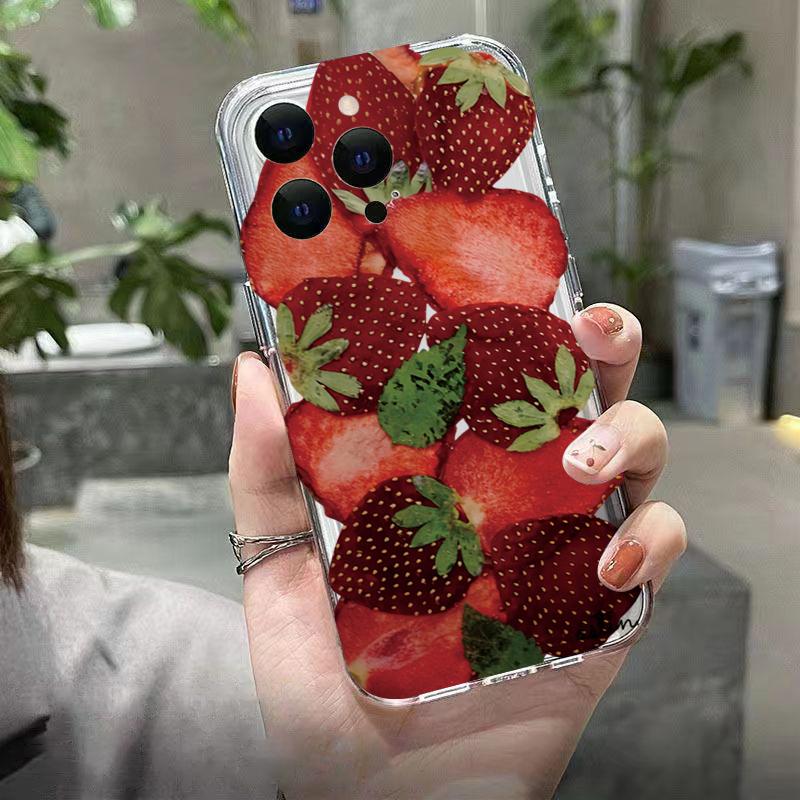 Korean Style Strawberry Clear Phone Case For IPhone 16 15 14 13 12 11 Pro Max XS X XR 7 8 Plus SE 2022 16e Shockproof Soft Cover
