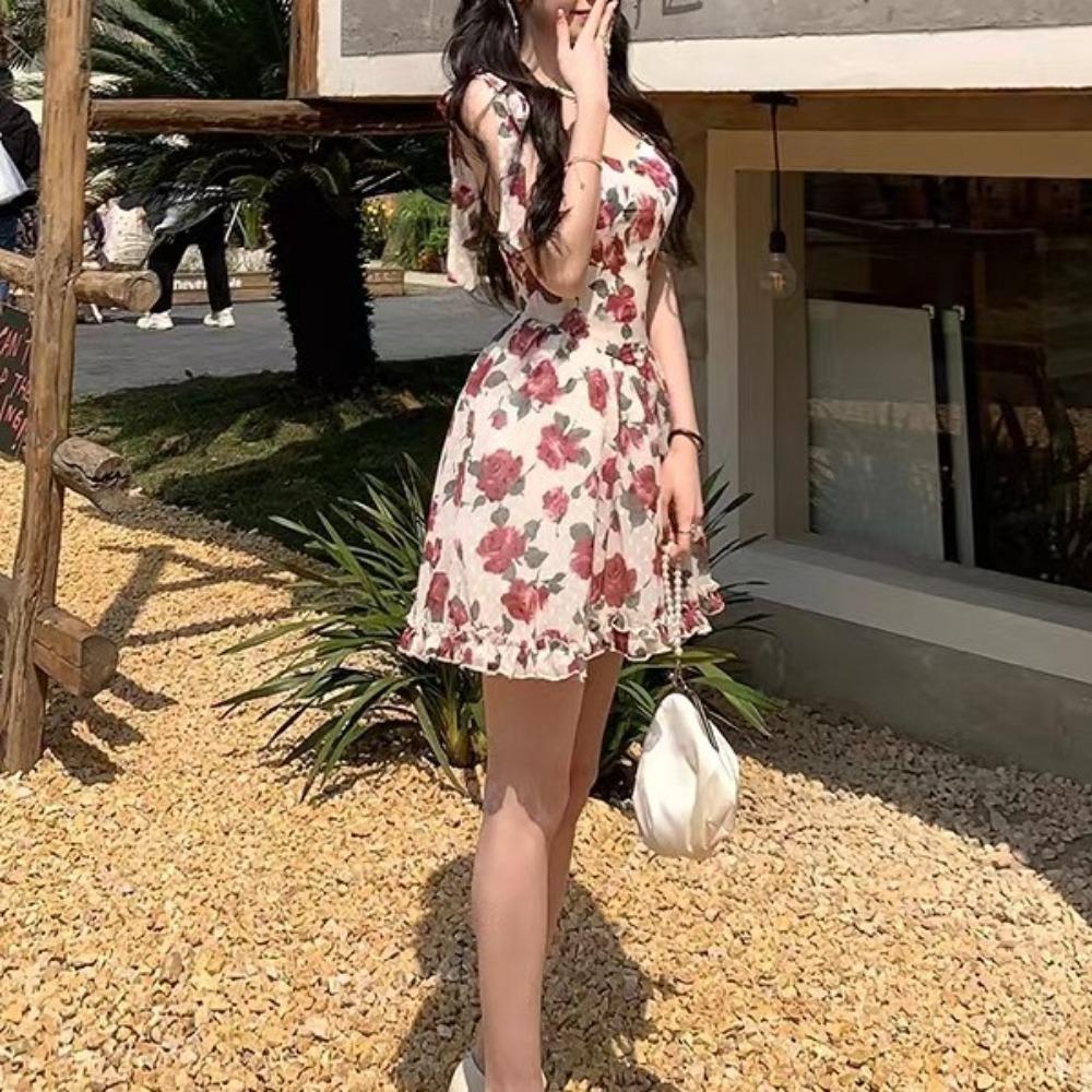 Rose Floral Dress Women Skirt Sling Strap Sundress Fashion Mini Sleeveless Dress Lolita