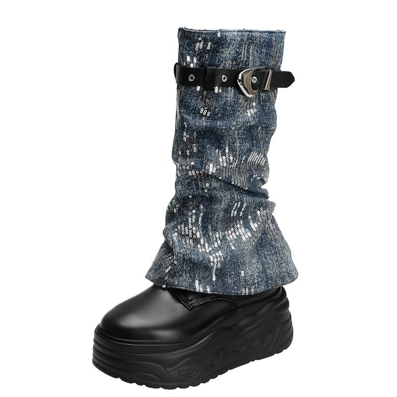 Mid-calf Flat with Modern Boots Winter Round Toe 2024 Hot Sale Women's Shoes Lace-up Low Heel Solid Belt Buckle Women's Boots