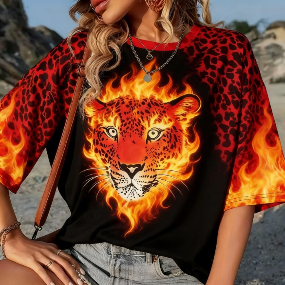 Summer Europe and America Leopard Print T Shirt Women's Short Sleeve Casual Tee Tops Women Retro Street Fashion Oversize T-shirt Clothing