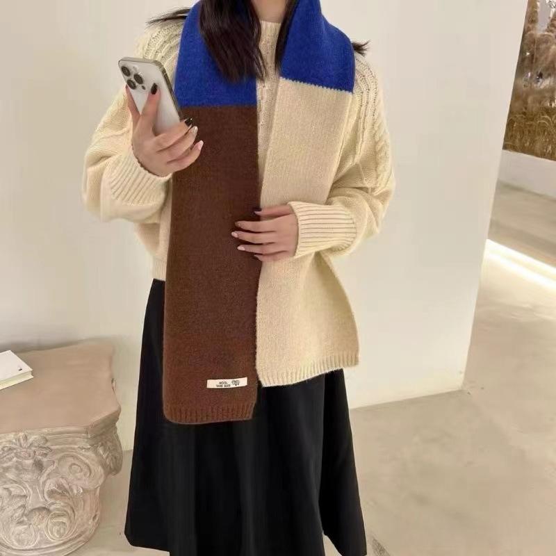 New Winter Three Color Contrasting Scarf for Women Woolen Knitted Warm Shawl Trendy Universal Scarf for Men Versatile