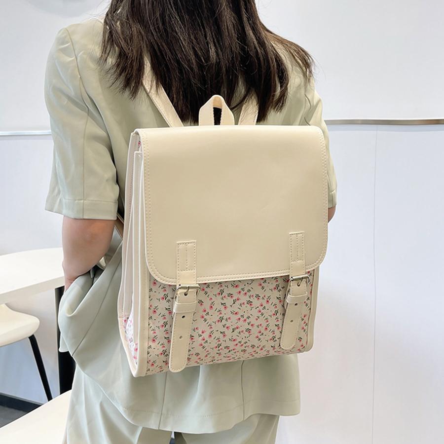 Fashi Flap Backpack PU Leather Flower School Bagpack College Travel Commuter Bag Shoulder Bag for Women Girl Daily Use Satchel
