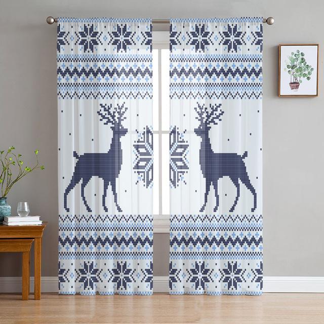 Christmas White Snow World Tulle Curtains For Living Room Decoration Modern Chiffon Sheer Voile Christmas Curtains