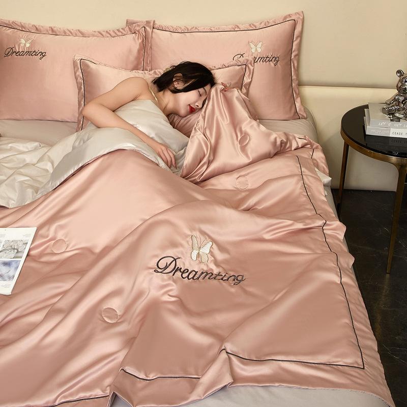 

Роскошное однотонное летнее одеяло с вышивкой из ледяного шелка, состоящее из четырех частей, высококачественное летнее прохладное одеяло из тенселя, одеяло с кондиционером 150x200