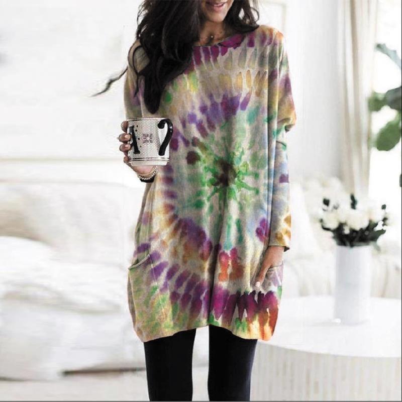 

Spring Autumn Women s Tie Dye Print Tunic Top Long Sleeve Loose Pocket Shirt XL зелений