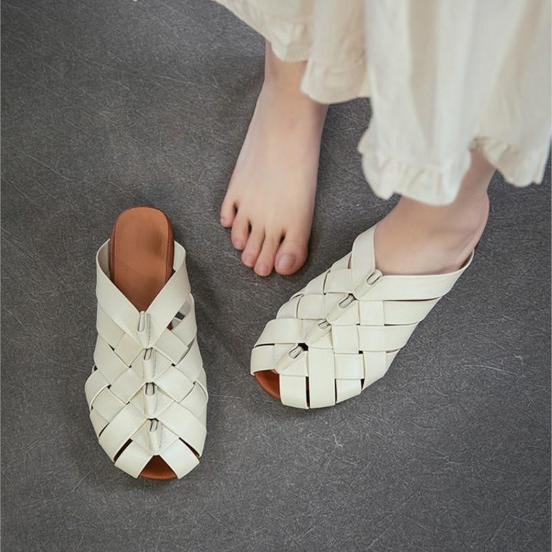 Johnature Genuine Leather Woven Breathable Peep Toe Flat Slippers Casual And Versatile Women's Slip-on Shoes