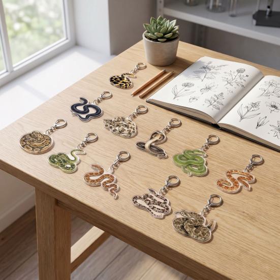 Portable Acrylic Decor 12Pcs 2D Snake Keychain Set, Lizard Reptile Insect Key Realistic Animal Ring Holder, Decorative Pendant for Backpacks Handbags
