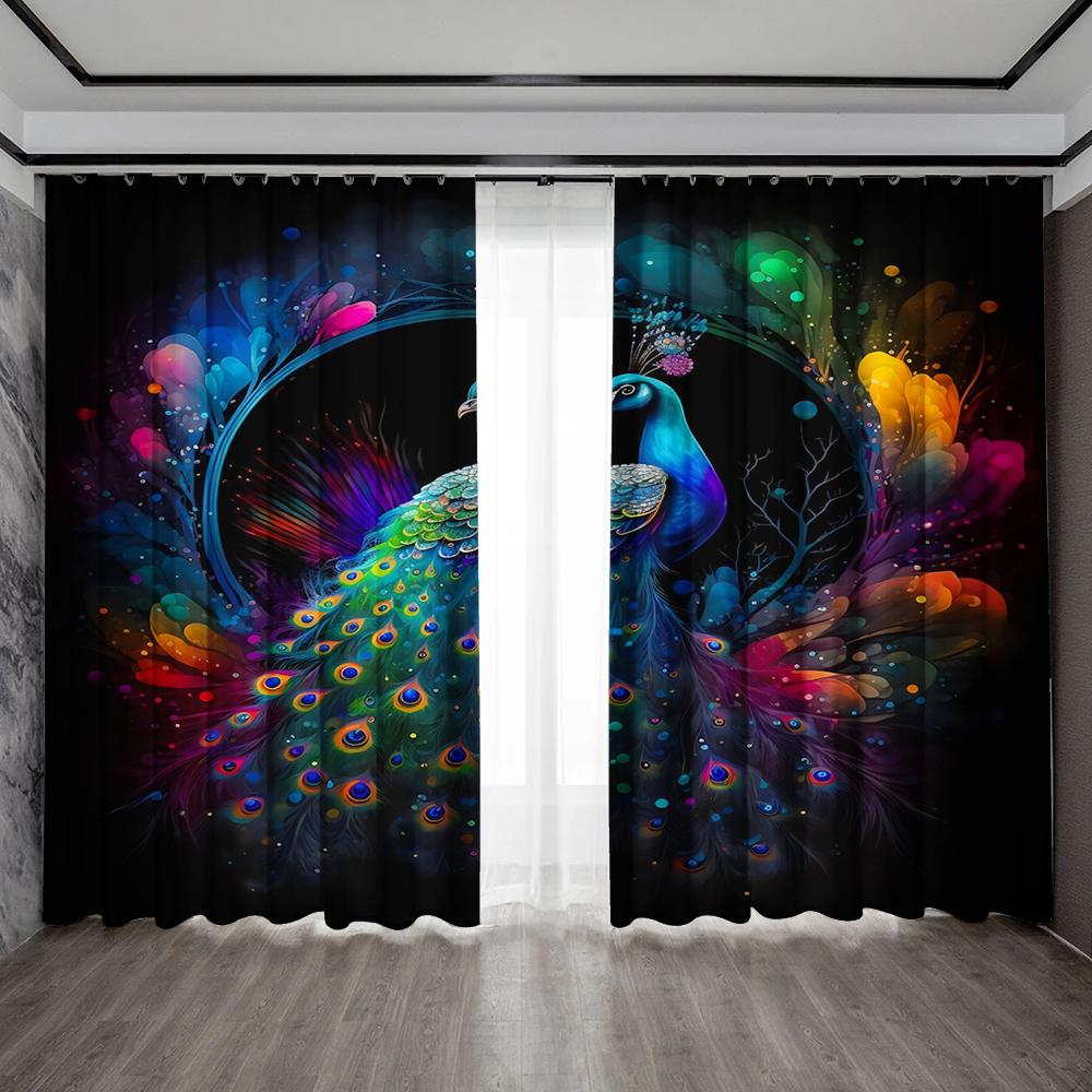 2PC Home Decoration Curtains, Peacock Background With Rod Pocket Curtains, Kitchen, Coffee Shop, Living Room, Balcony, Garden