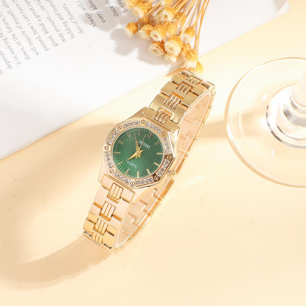 New fashion green dial with diamond studded bars, high-value steel strap watch strap jewelry set of five pieces without a gift b