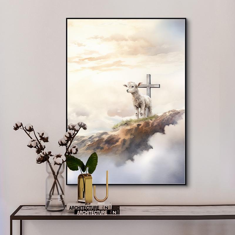 Lamb of God and Cross Scared Heart of Jesus Poster Christian Religion Canvas Painting Wall Art  Picture for Room Home Decor