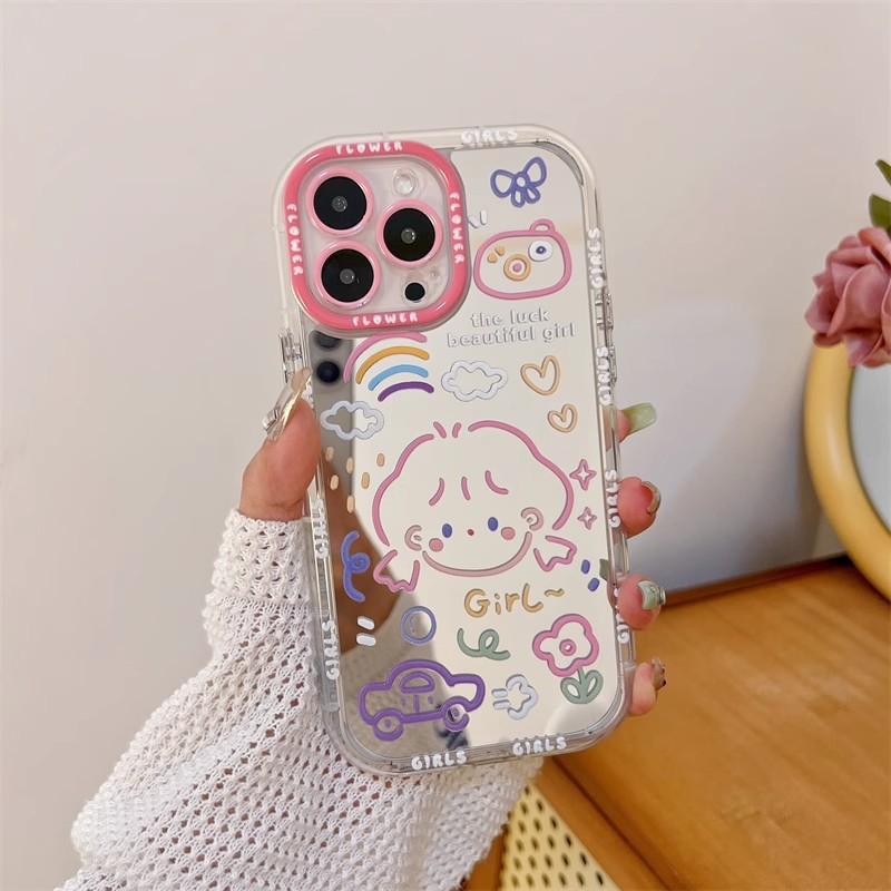 Cute Graffiti Girl Phone Case IPhone 17 16 Pro Max 14 13 Soft Silicone Cover Anti-Slip Shockproof Mirror Finish