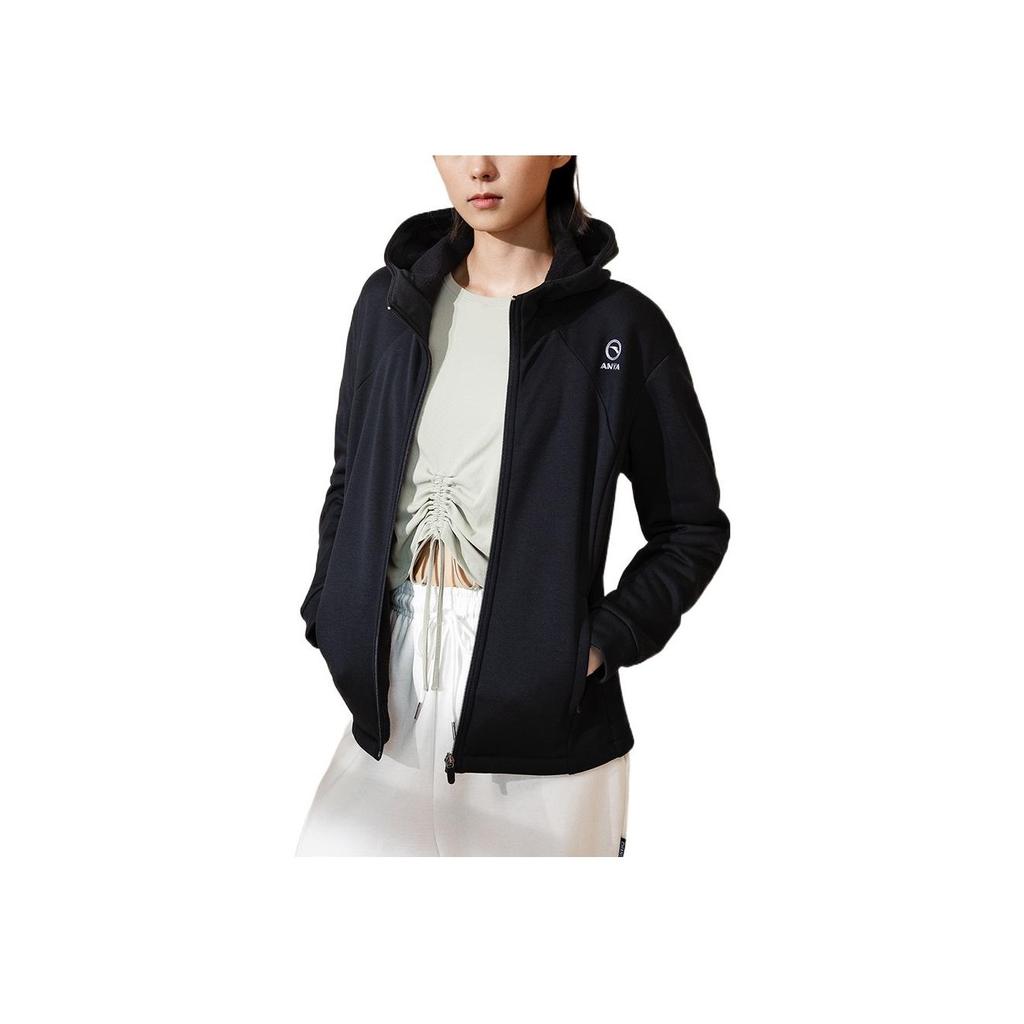 Anta Training Series FW22 Solid Color Logo Print Hooded Zipper Fleece Long Sleeve Sweatshirt Jacket Women Jackets Black 962237742-3