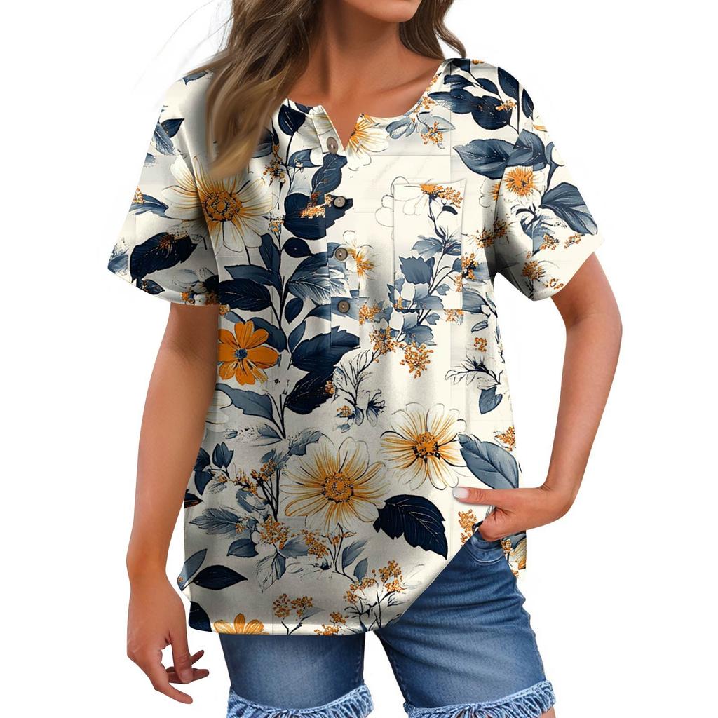 Dámská móda ležérní halenka s potiskem s kulatým výstřihem a krátkým rukávem